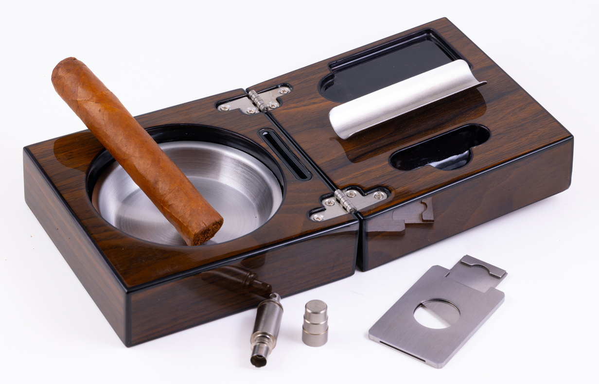 Folding Ashtray Set - High Gloss Walnut Folding Ashtray Set w/ Accessories