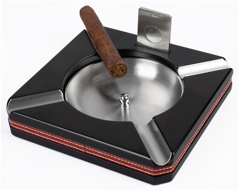 ''Ashtray w/ Leather Trim & Cutter - 4 Cigar Wood Ashtray w/ Black Finish, Leather Trim & Cutter''