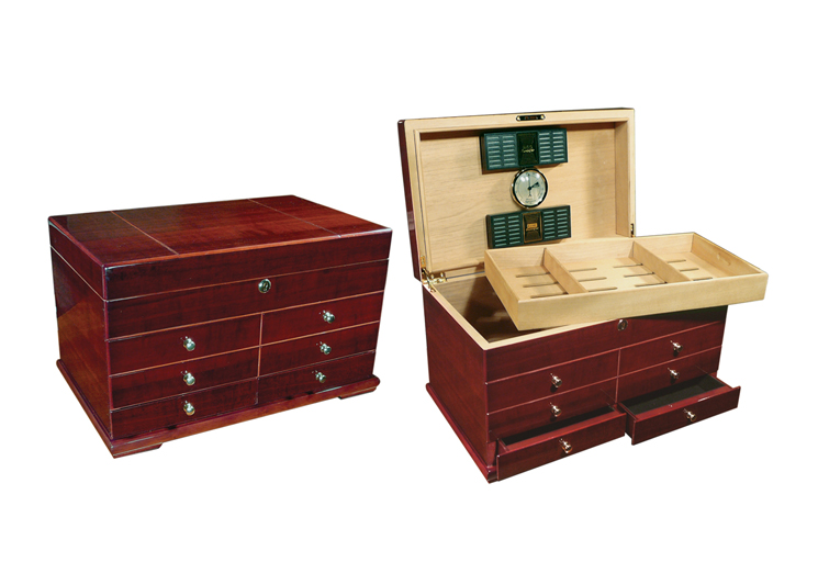 Landmark - 300 CT. High Gloss Lacquer Cherry Humidor w/ Drawers