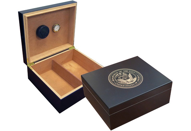 Navy Cigar Humidor (Black) - 25-50 Count Black Humidor w/ Humidifier & Hygrometer